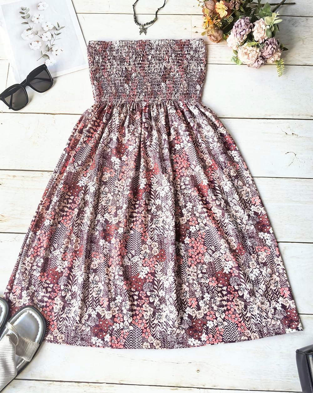 imageComeon Women Off Shoulder Strapless Sleeveless Tube Top Dress Floral Summer Beach Coverup Flowy Midi DressDark Red With Flowers Printed