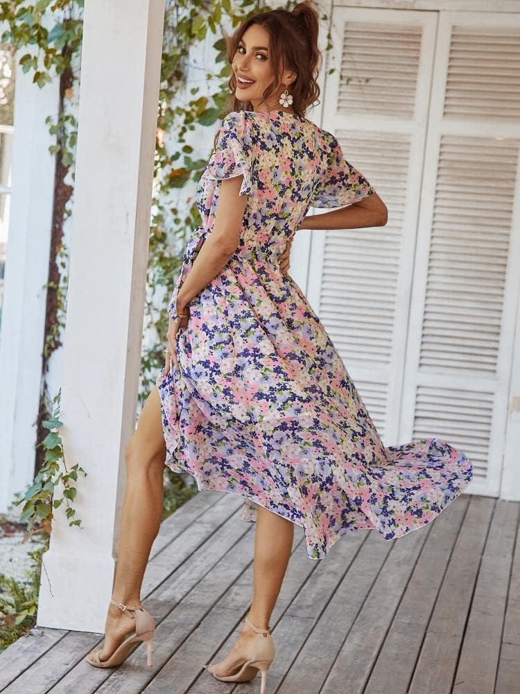 imageComeon Womens Casual Summer Dress Short Sleeve Floral Wrap Vneck Ruffle Belt Split Flowy Boho Midi Sundress