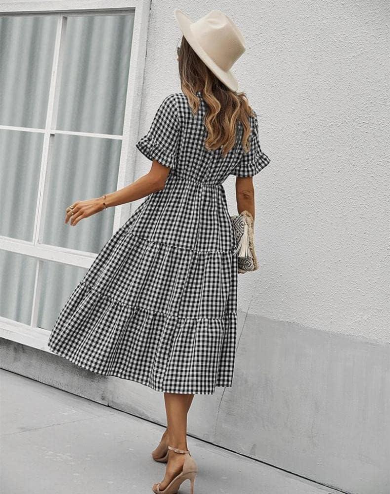 imageComeon Womens Dresses Casual Summer Plaid Short Sleeve V Neck Flowy Swing Pleated Gingham Midi Sundress