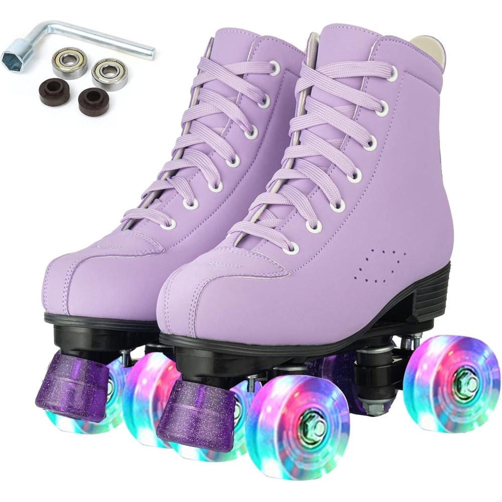 imageComeon Roller Skates for Women PU Leather Roller Skates HighTop Leather for Beginners Teens for WomanGirls and BoysAdultPurple Flashing Wheel