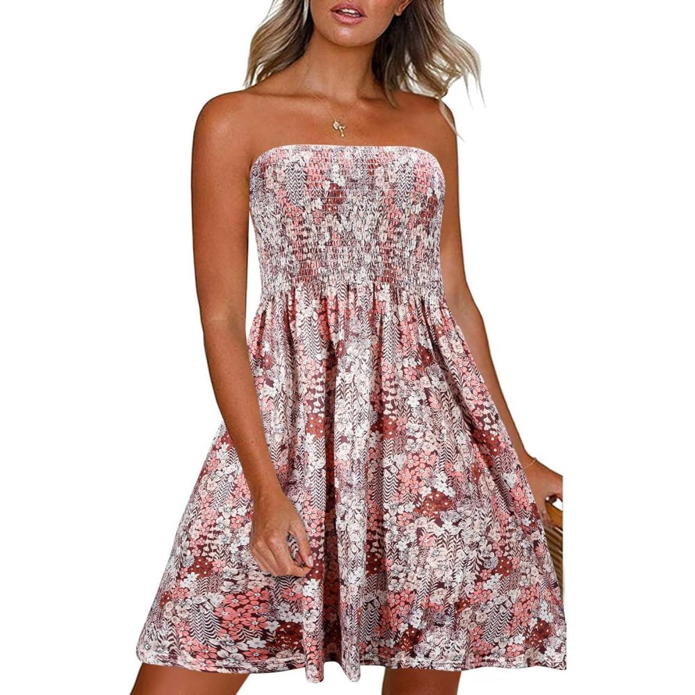 imageComeon Women Off Shoulder Strapless Sleeveless Tube Top Dress Floral Summer Beach Coverup Flowy Midi DressDark Red With Flowers Printed