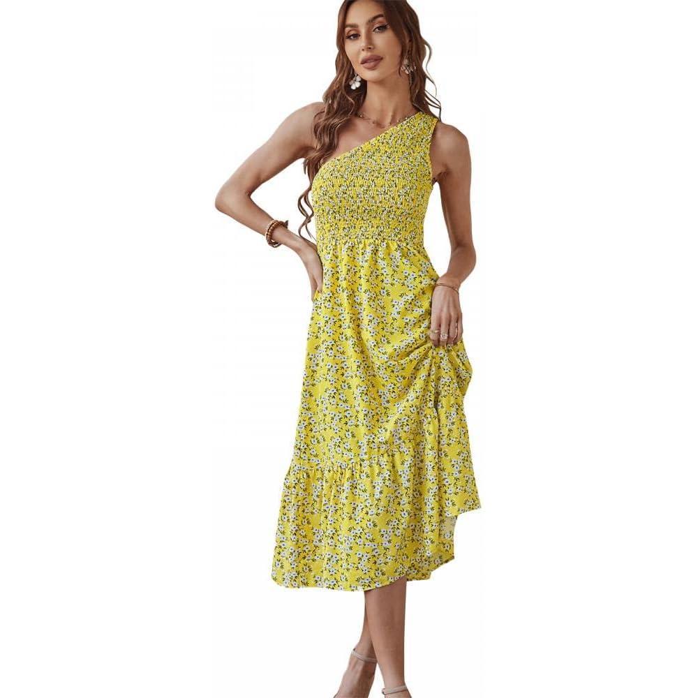 imageComeon Women One Shoulder Dress Sleeveless Casual Summer Floral Boho Smocked Tube Ruffled Midi Sundress