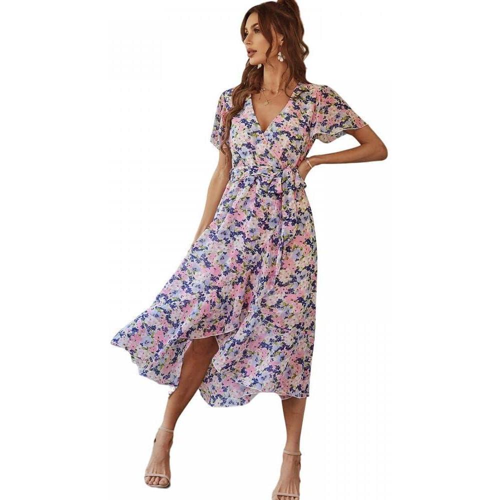 imageComeon Womens Casual Summer Dress Short Sleeve Floral Wrap Vneck Ruffle Belt Split Flowy Boho Midi Sundress