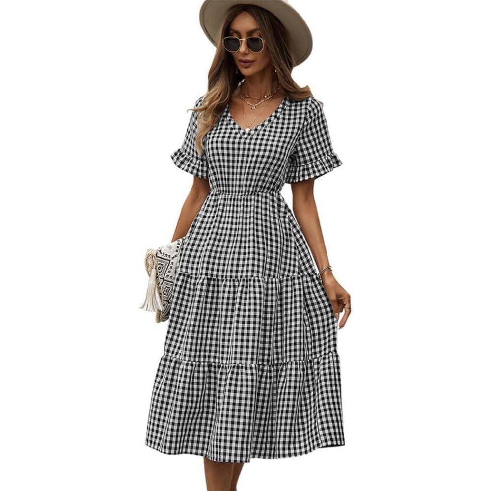 imageComeon Womens Dresses Casual Summer Plaid Short Sleeve V Neck Flowy Swing Pleated Gingham Midi Sundress