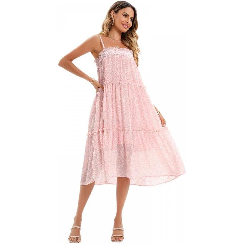 imageComeon Womens Summer Casual Floral Spaghetti Strap Sleeveless Boho Ruffle Flowy Midi Long Beach Sundresses