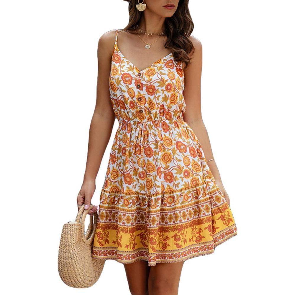 imageWomen Summer Floral Spaghetti Strap V Neck Boho Button Flared ALine Mini Dress YellowL