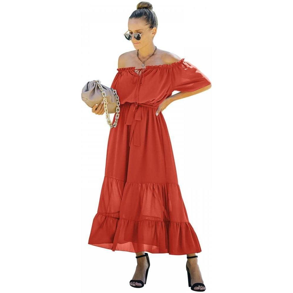 imageWomens Casual Off Shoulder Dress V Neck Ruffle Sleeve Summer Fall Maxi Long Dresses