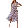 Comeon Womens Casual Summer Dress Short Sleeve Floral Wrap Vneck Ruffle Belt Split Flowy Boho Midi Sundress