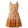 Women Summer Floral Spaghetti Strap V Neck Boho Button Flared A-Line Mini Dress (Yellow,L)