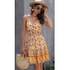 Women Summer Floral Spaghetti Strap V Neck Boho Button Flared A-Line Mini Dress (Yellow,L)