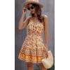 Women Summer Floral Spaghetti Strap V Neck Boho Button Flared A-Line Mini Dress (Yellow,L)