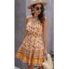 Women Summer Floral Spaghetti Strap V Neck Boho Button Flared A-Line Mini Dress (Yellow,L)