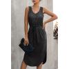 Women V Neck Sleeveless Midi Dress Lace-Up Waist Split Hem Casual Dress with Pockets (Black,S)