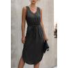 Women V Neck Sleeveless Midi Dress Lace-Up Waist Split Hem Casual Dress with Pockets (Black,S)