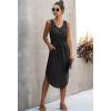 Women V Neck Sleeveless Midi Dress Lace-Up Waist Split Hem Casual Dress with Pockets (Black,S)