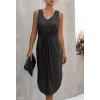 Women V Neck Sleeveless Midi Dress Lace-Up Waist Split Hem Casual Dress with Pockets (Black,S)