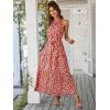 Women’s Casual Backless Loose Ruffle Sundress Halter Neck Sleeveless Floral Long Maxi Dress with Belt