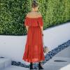 Womens Casual Off Shoulder Dress V Neck Ruffle Sleeve Summer Fall Maxi Long Dresses