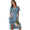 Comeon Women Casual Summer Short Sleeve Floral V Neck Boho Ruffle A-Line High Waist Flowy Midi Beach Dress
