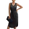 Women V Neck Sleeveless Midi Dress Lace-Up Waist Split Hem Casual Dress with Pockets (Black,S)