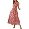 Women’s Casual Backless Loose Ruffle Sundress Halter Neck Sleeveless Floral Long Maxi Dress with Belt