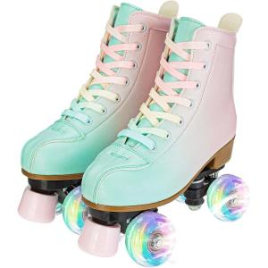 Comeon Roller Skates for Women PU Leather Roller Skates High-Top Leather for Beginners Teens for Woman,Girls and Boys,Adult(Green Pink)