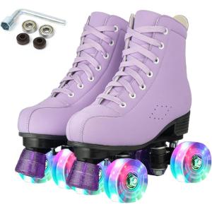 Comeon Roller Skates for Women PU Leather Roller Skates High-Top Leather for Beginners Teens for Woman,Girls and Boys,Adult(Purple Flashing Wheel)