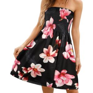 Comeon Women Off Shoulder Strapless Sleeveless Tube Top Dress Floral Summer Beach Coverup Flowy Midi Dress(Black Pink Flowers)