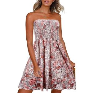 Comeon Women Off Shoulder Strapless Sleeveless Tube Top Dress Floral Summer Beach Coverup Flowy Midi Dress(Dark Red With Flowers Printed)