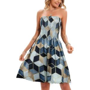 Comeon Women Off Shoulder Strapless Sleeveless Tube Top Dress Floral Summer Beach Coverup Flowy Midi Dress(Diamond Pattern)