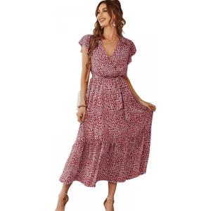 Comeon Womens Casual Dresses Summer Floral Wrap Vneck Short Ruffle Cap Sleeve Midi Beach Sundress with Belt
