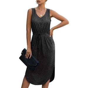 Women V Neck Sleeveless Midi Dress Lace-Up Waist Split Hem Casual Dress with Pockets (Black,S)