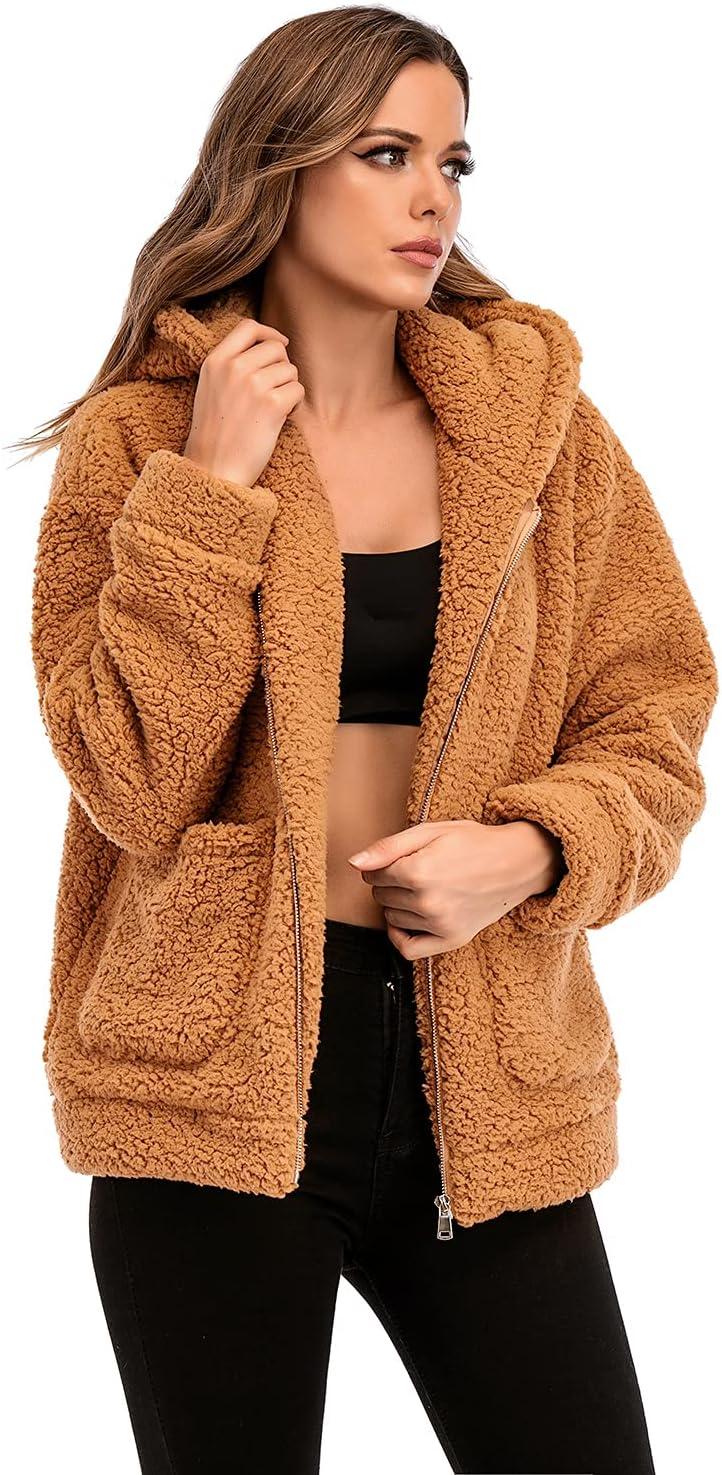 imageComeon Womens Casual Coat Lapel Fleece Fuzzy Faux Shearling Zipper Hooded Warm Winter Oversized JacketsCamel