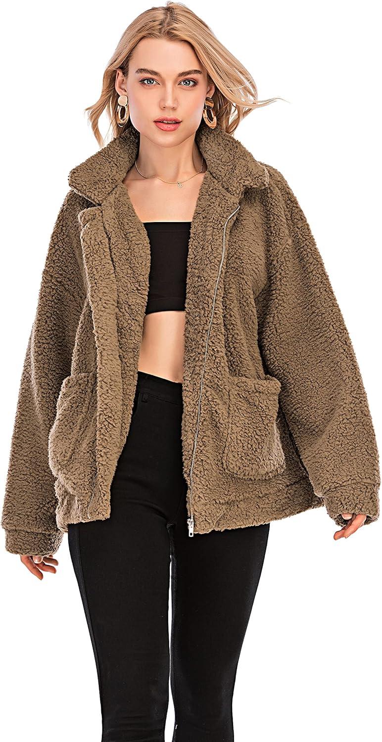 imageComeon Womens Coat Casual Lapel Fleece Fuzzy Faux Shearling Zipper Coats Warm Winter Oversized Outwear JacketsCamel