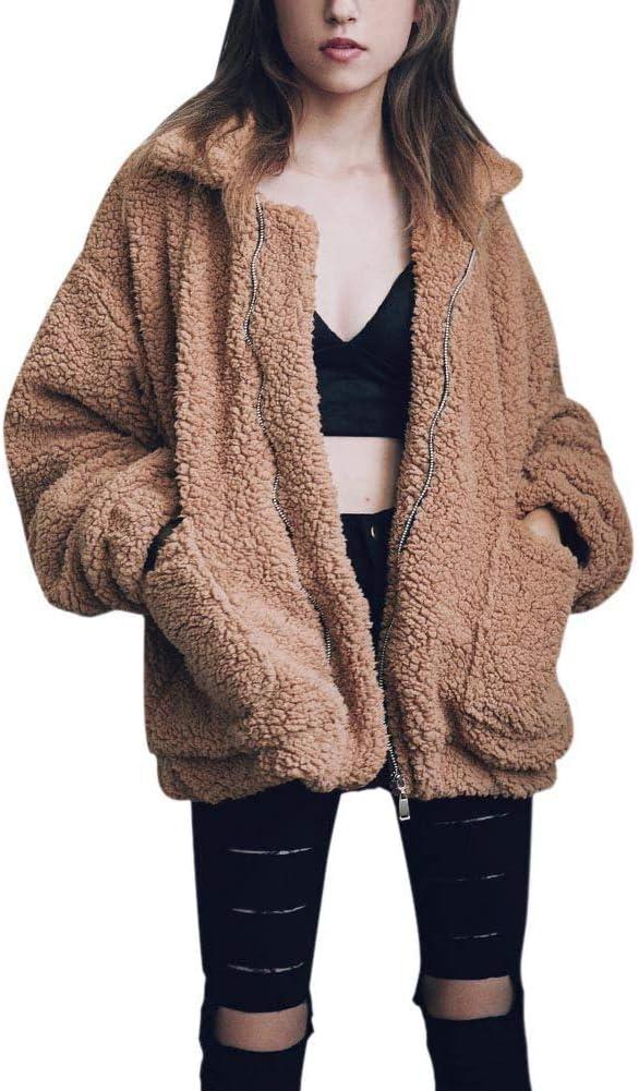 imageComeon Womens Coat Casual Lapel Fleece Fuzzy Faux Shearling Zipper Coats Warm Winter Oversized Outwear JacketsKhaki