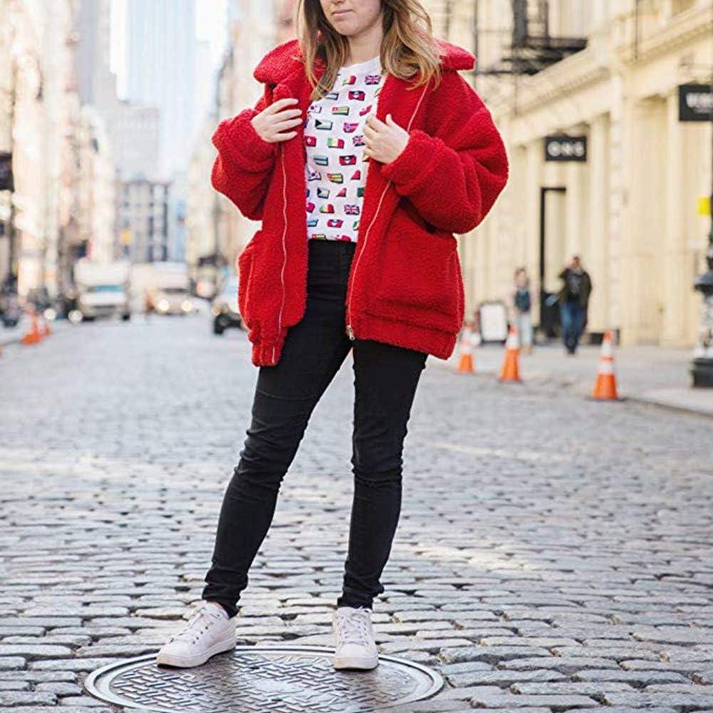 imageComeon Womens Coat Casual Lapel Fleece Fuzzy Faux Shearling Zipper Coats Warm Winter Oversized Outwear JacketsRed