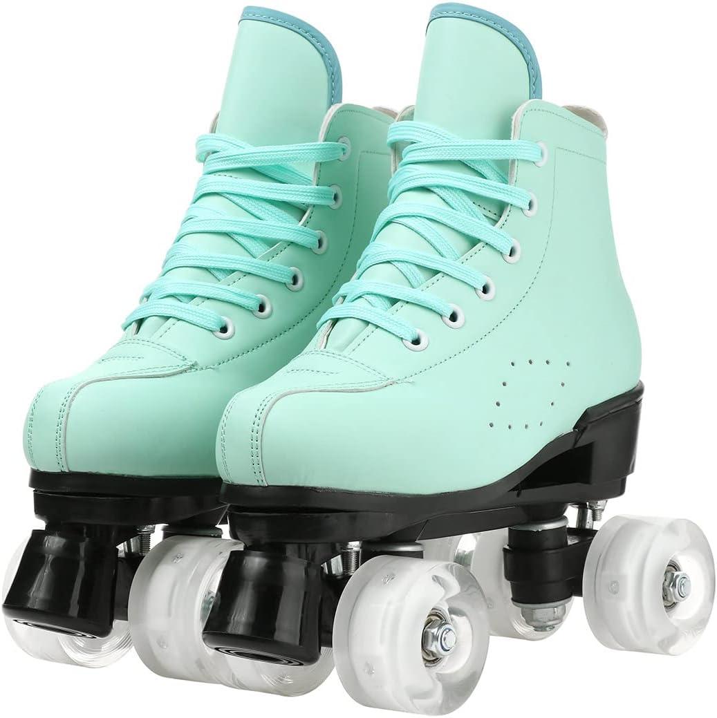 imageComeon Womens Hightop Roller Skates PU Leather IndoorOutdoor FourWheel Skatesgreen with flash wheel