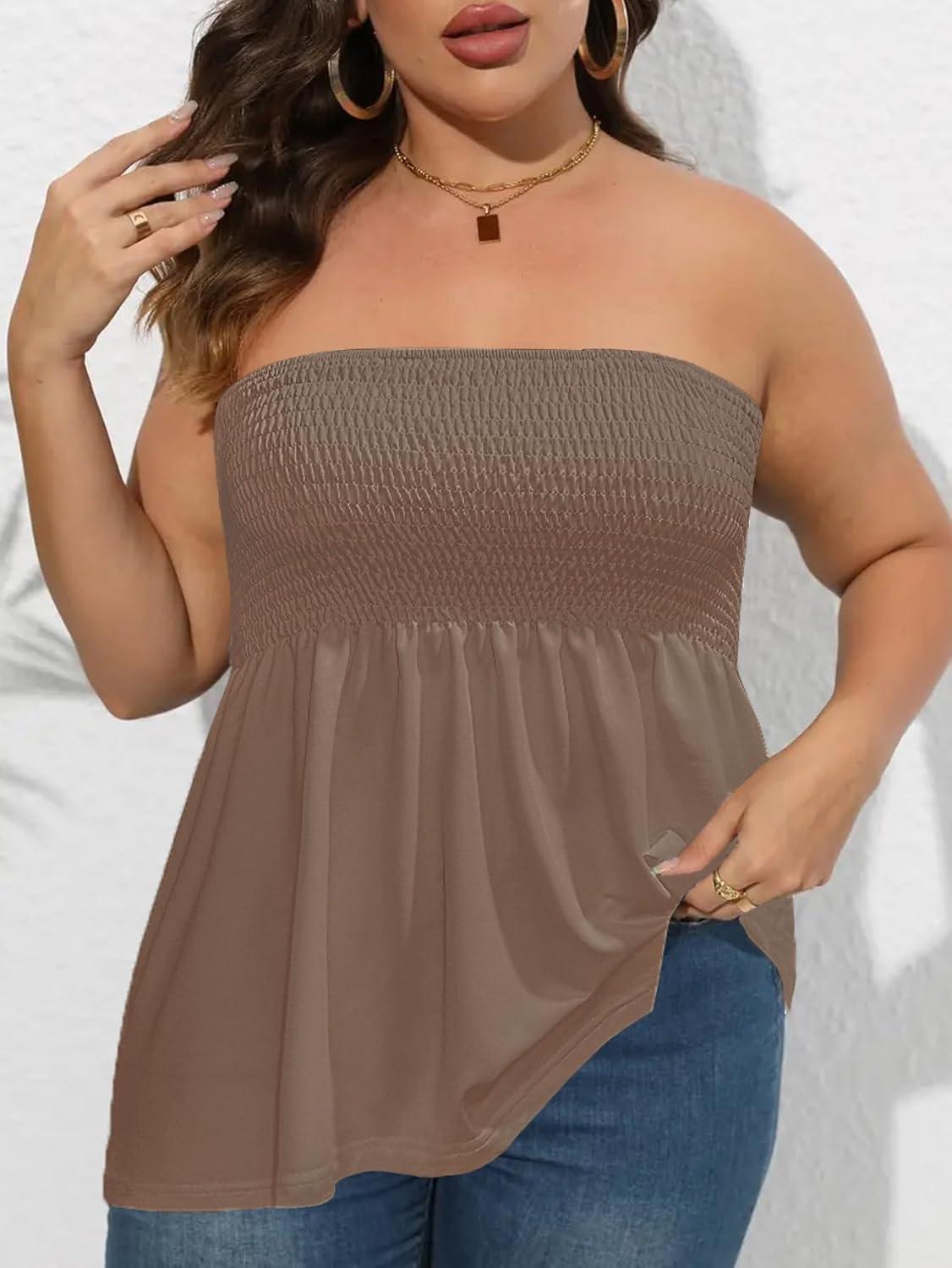 imageComeon Womens Plus Size Tube Tops Strapless Blouse Pleated Sleeveless Stretchy Sleeveless Flare Hem TubePlus Coffee Color