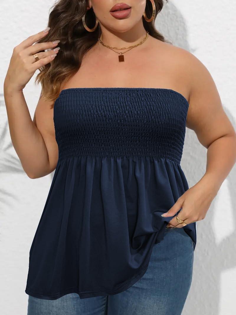 imageComeon Womens Plus Size Tube Tops Strapless Blouse Pleated Sleeveless Stretchy Sleeveless Flare Hem TubePlus Dark Blue
