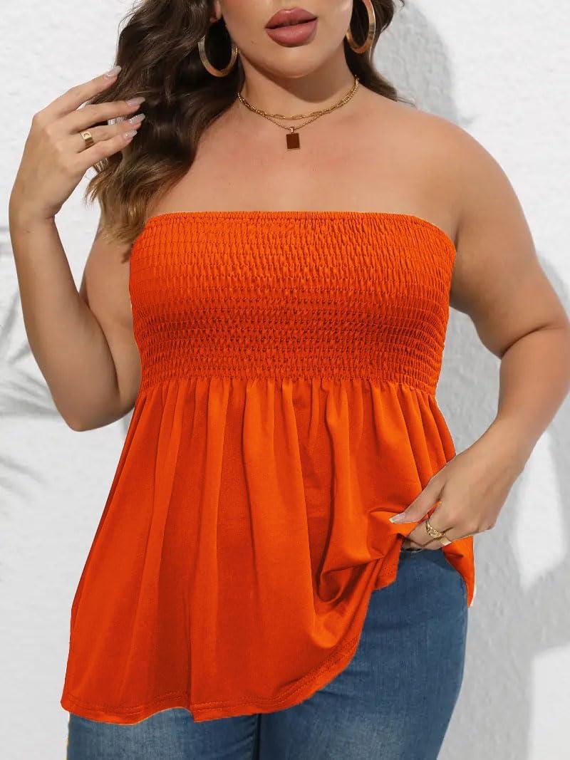 imageComeon Womens Plus Size Tube Tops Strapless Blouse Pleated Sleeveless Stretchy Sleeveless Flare Hem TubePlus Orange
