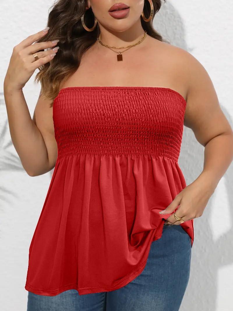 imageComeon Womens Plus Size Tube Tops Strapless Blouse Pleated Sleeveless Stretchy Sleeveless Flare Hem TubePlus Red
