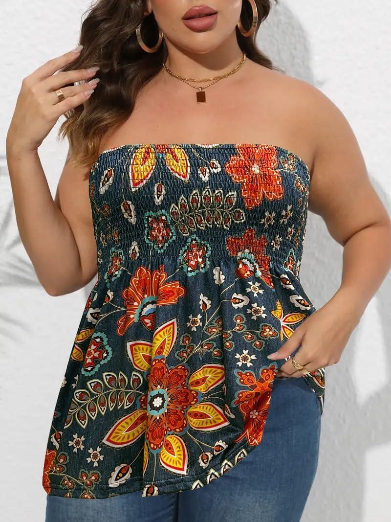 imageComeon Womens Plus Size Tube Tops Strapless Blouse Pleated Sleeveless Stretchy Sleeveless Flare Hem TubePlus2