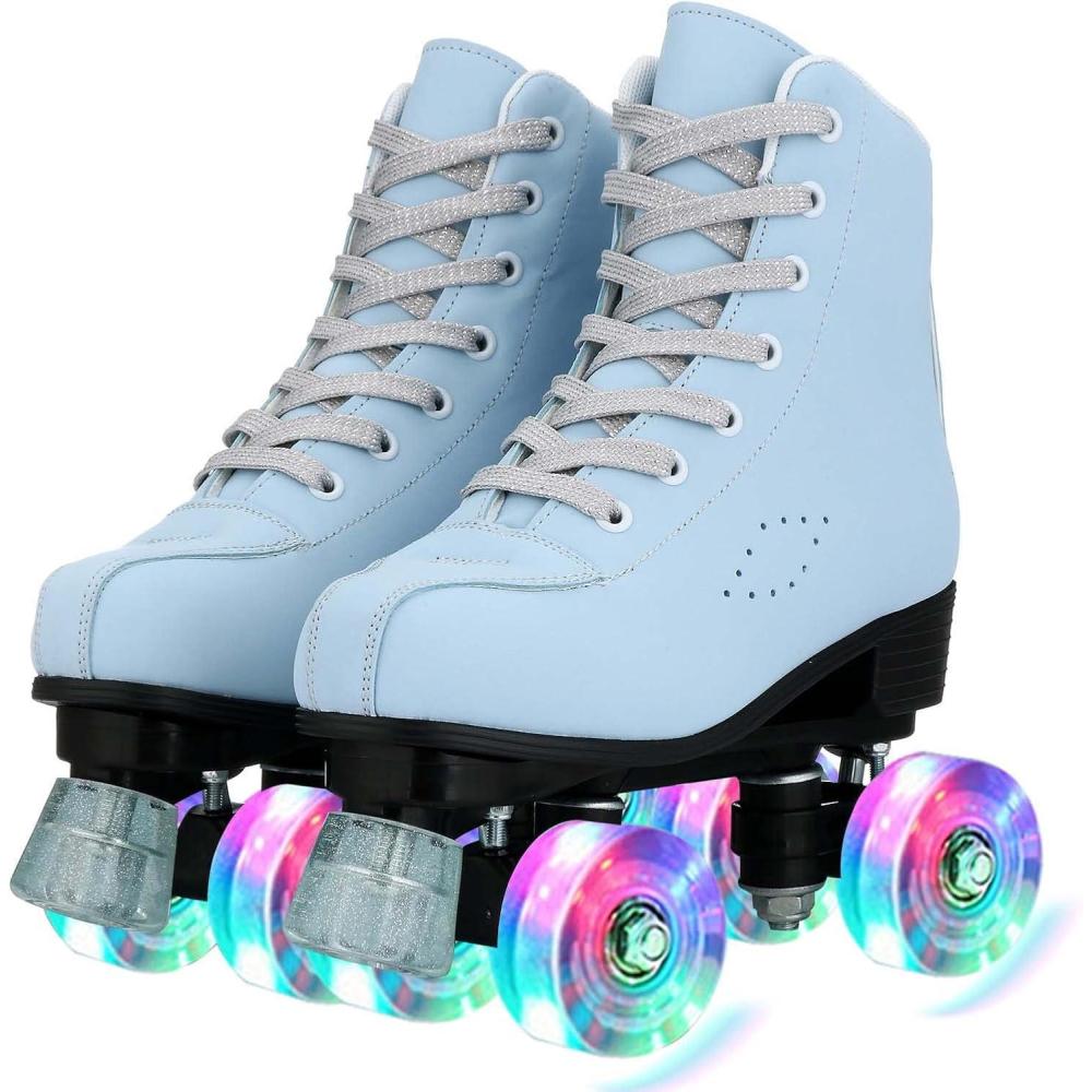 imageComeon Roller Skates for Women PU Leather Roller Skates HighTop Leather for Beginners Teens for WomanGirls and BoysAdultLight Blue Flash