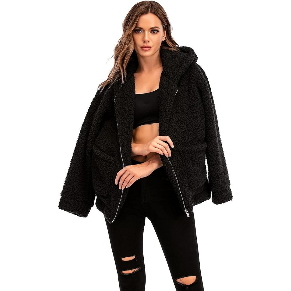 imageComeon Womens Casual Coat Lapel Fleece Fuzzy Faux Shearling Zipper Hooded Warm Winter Oversized JacketsBlack