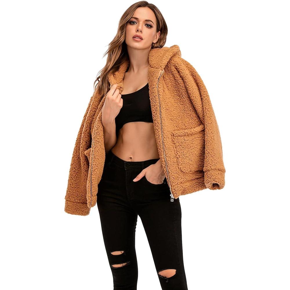 imageComeon Womens Casual Coat Lapel Fleece Fuzzy Faux Shearling Zipper Hooded Warm Winter Oversized JacketsCamel