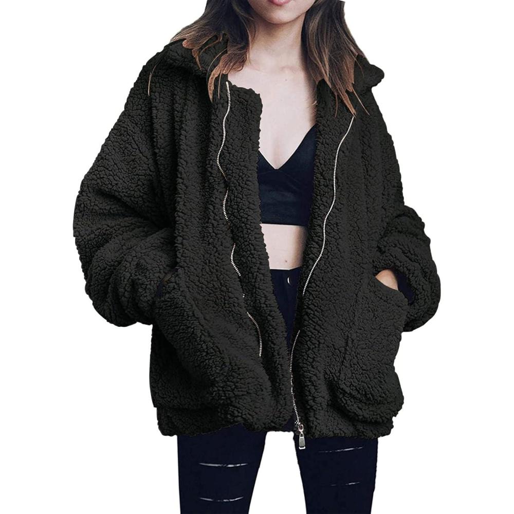 imageComeon Womens Coat Casual Lapel Fleece Fuzzy Faux Shearling Zipper Coats Warm Winter Oversized Outwear JacketsBlack