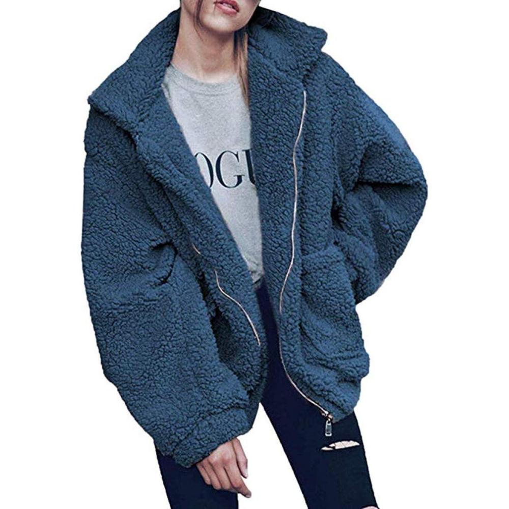 imageComeon Womens Coat Casual Lapel Fleece Fuzzy Faux Shearling Zipper Coats Warm Winter Oversized Outwear JacketsBlue