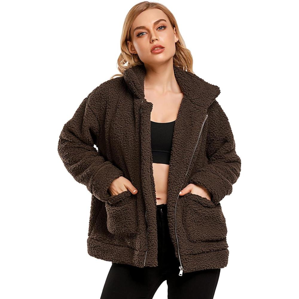 imageComeon Womens Coat Casual Lapel Fleece Fuzzy Faux Shearling Zipper Coats Warm Winter Oversized Outwear JacketsBrown