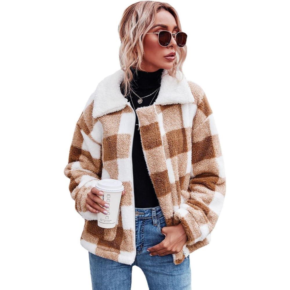 imageComeon Womens Coat Casual Lapel Fleece Fuzzy Faux Shearling Zipper Coats Warm Winter Oversized Outwear JacketsBrown Curry Grid