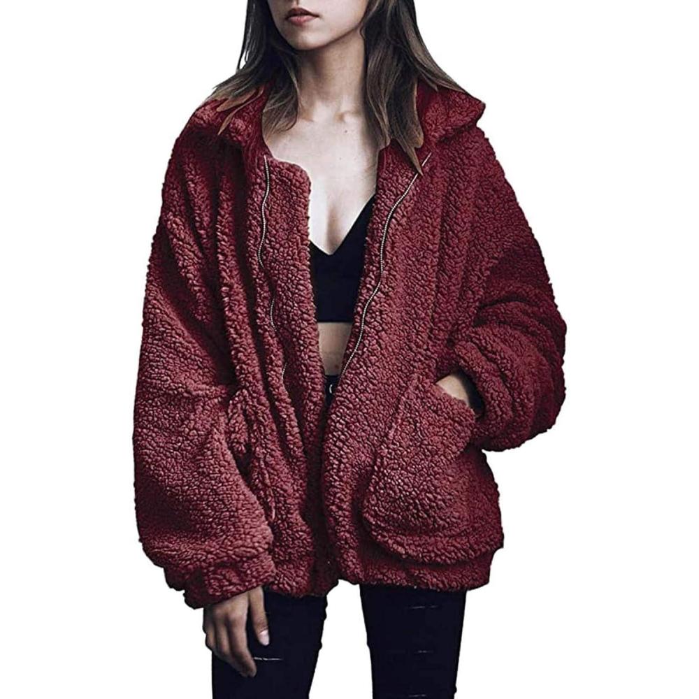 imageComeon Womens Coat Casual Lapel Fleece Fuzzy Faux Shearling Zipper Coats Warm Winter Oversized Outwear JacketsBurgundy